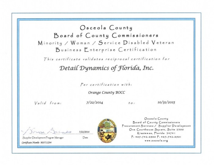 Detail Dynamics's Osceola County M/WBE Certification