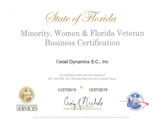 Detail Dynamics's State of Florida M/WBE Certfication